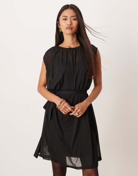 Vila tie waist chiffon mini dress in black