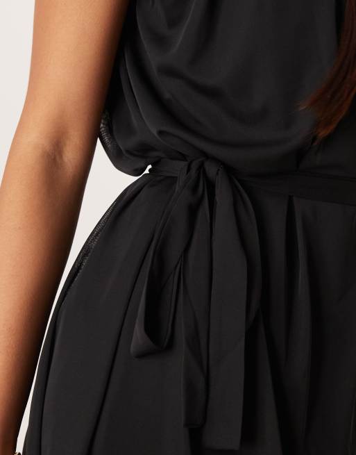 VILA tie waist chiffon mini dress in black, 3 of 4