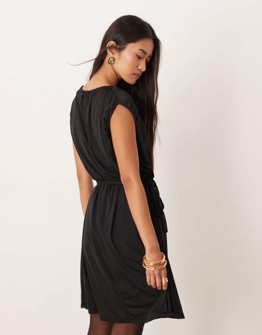 VILA tie waist chiffon mini dress in black, 4 of 4