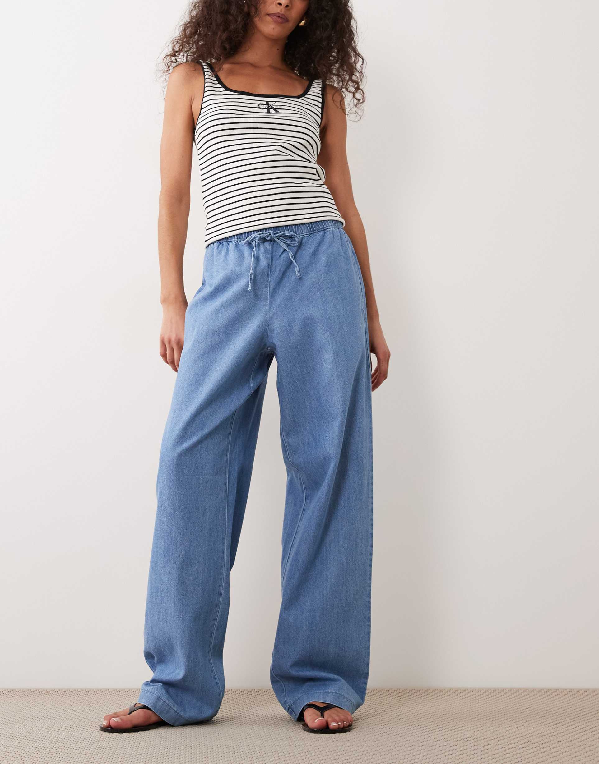 vila tie waist denim pants in light blue