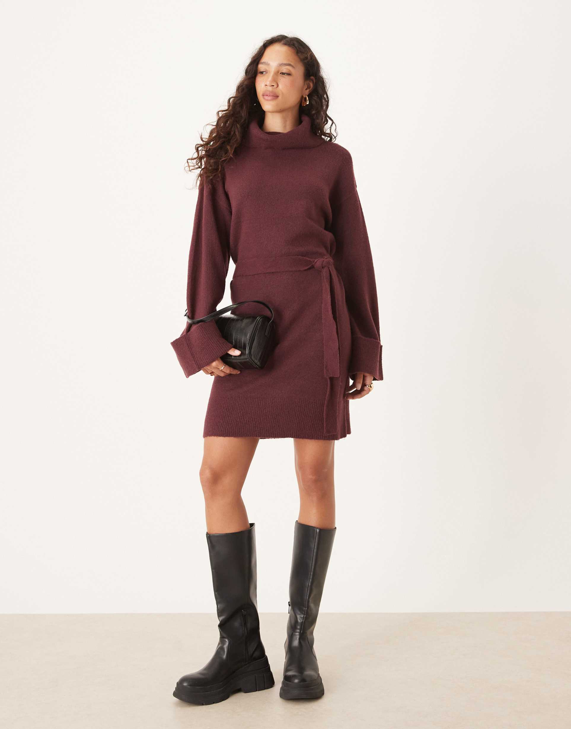 vila tie waist high neck knit mini dress in burgundy