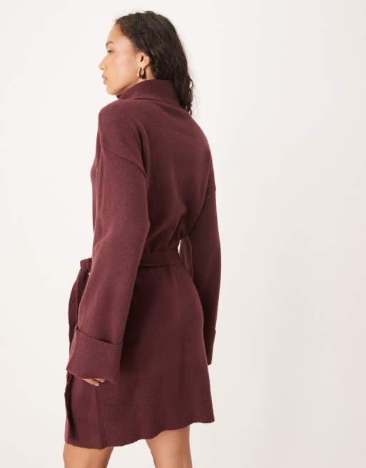 VILA tie waist high neck knit mini dress in burgundy, 2 of 4