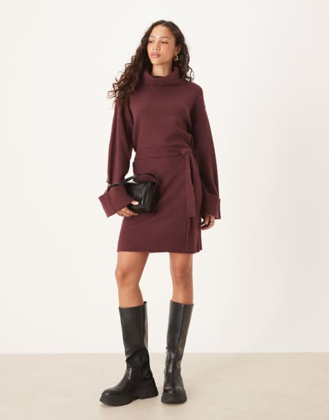 Vila tie waist high neck knitted mini dress in burgundy - view 1