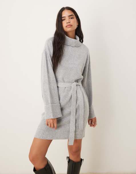 Vila tie waist high neck knitted mini dress in light grey melange - view 1