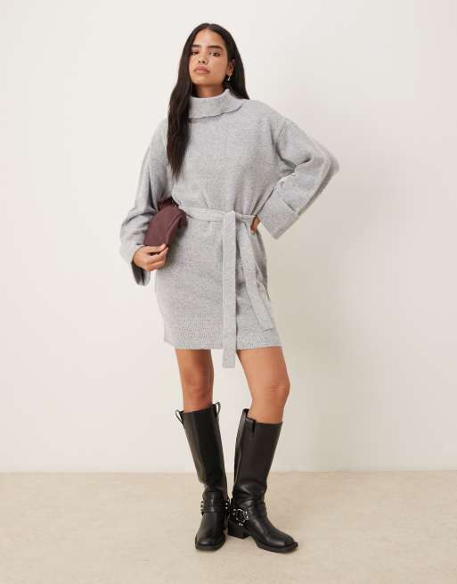 Vila tie waist high neck knitted mini dress in light grey melange, 2 of 4