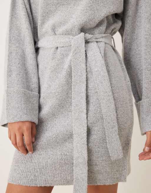 Vila tie waist high neck knitted mini dress in light grey melange, 3 of 4