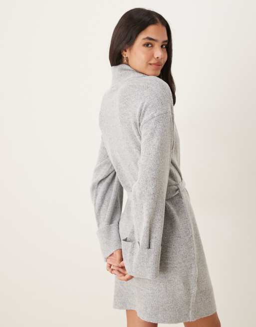 Vila tie waist high neck knitted mini dress in light grey melange, 4 of 4