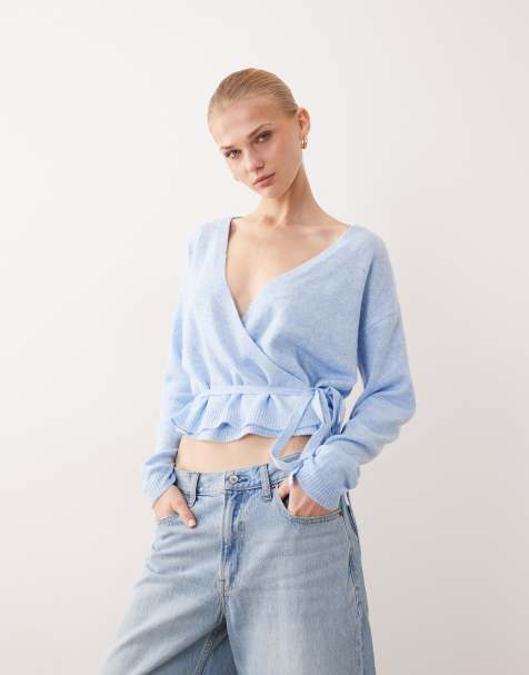 Vila tie waist knitted cardigan in light blue melange - view 1