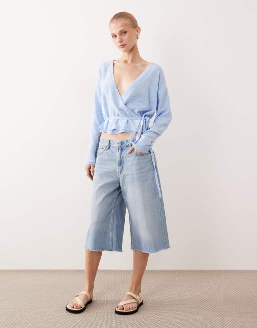 Vila tie waist knitted cardigan in light blue melange, 2 of 4