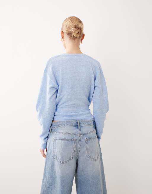 Vila tie waist knitted cardigan in light blue melange, 4 of 4