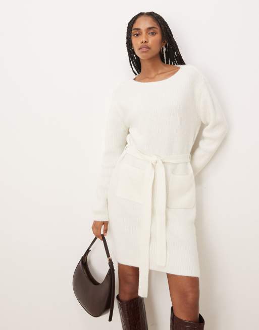 Vila tie waist knitted mini dress in white, 3 of 4