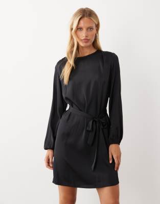 Vila Tie Waist Long Sleeve Satin Mini Dress In Black