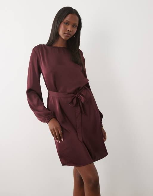 timeless burgundy satin wrap dress with waist tie detail Timeless Burgundy Satin Wrap Dress with Waist Tie Detail  KOCKU
