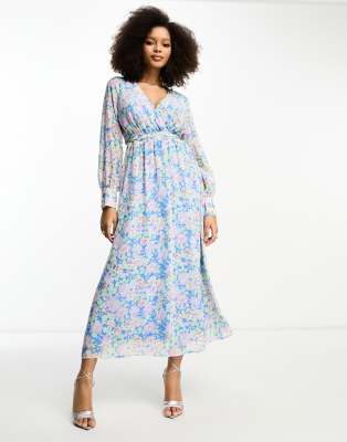 Vila Tie Waist Midi Dress In Pastel Blue Floral-multi