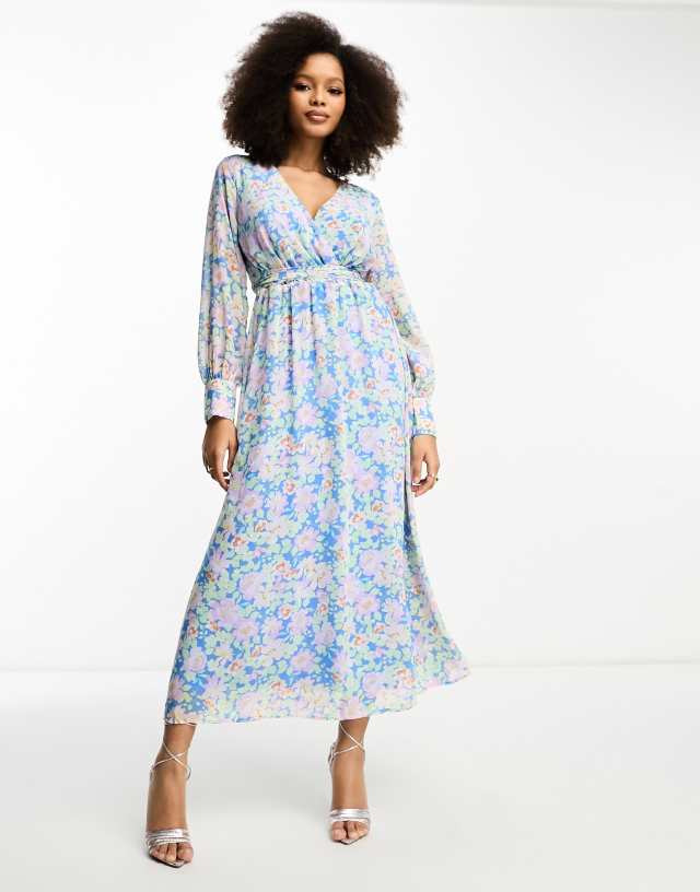 Vila - tie waist midi dress in pastel blue floral