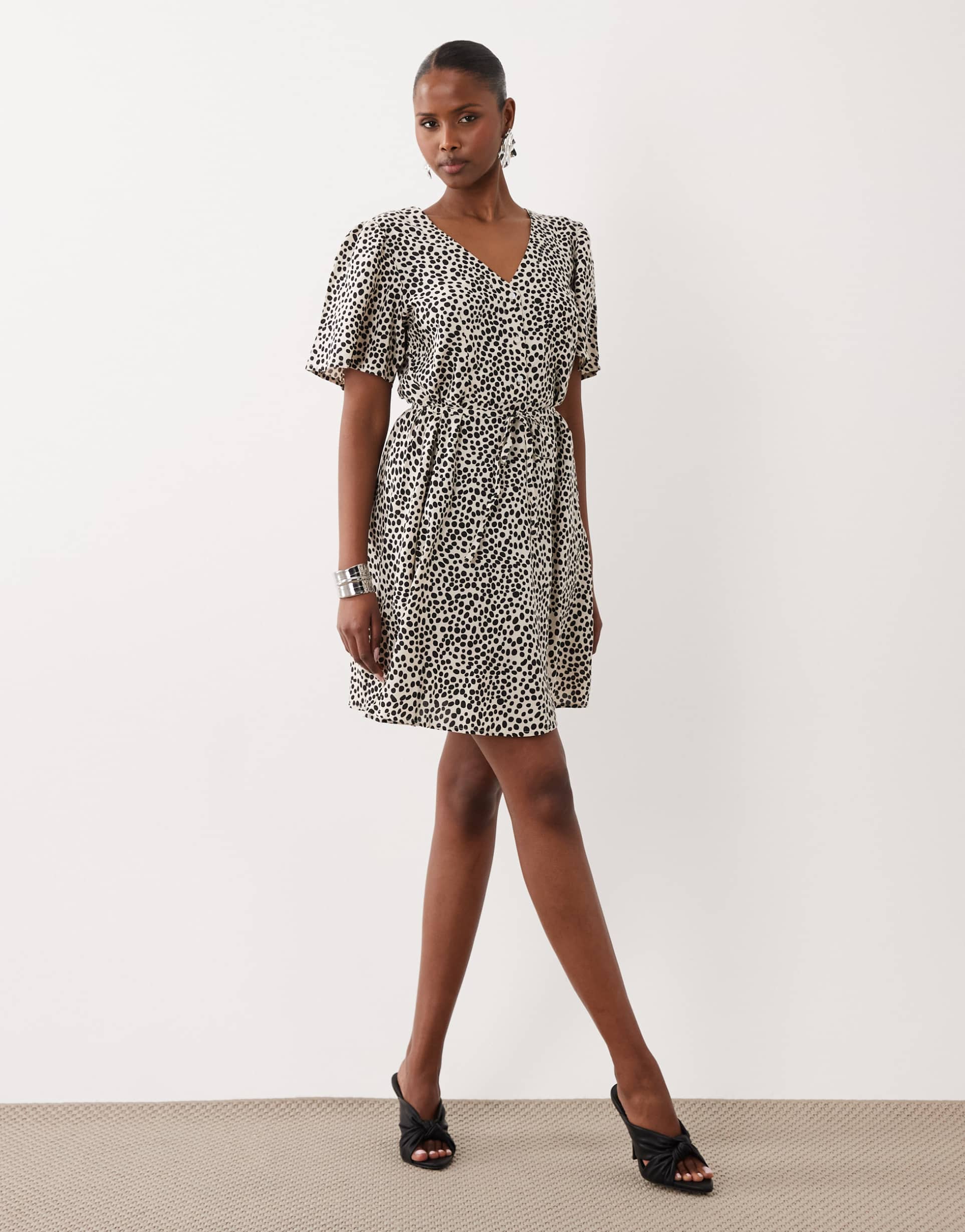 vila tie waist polka dot mini dress in cream and black