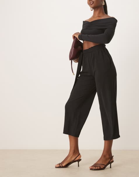 Vila tie waist straight leg cropped pants in black - view 1