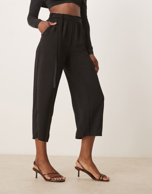 VILA tie waist straight leg cropped pants in black ASOS