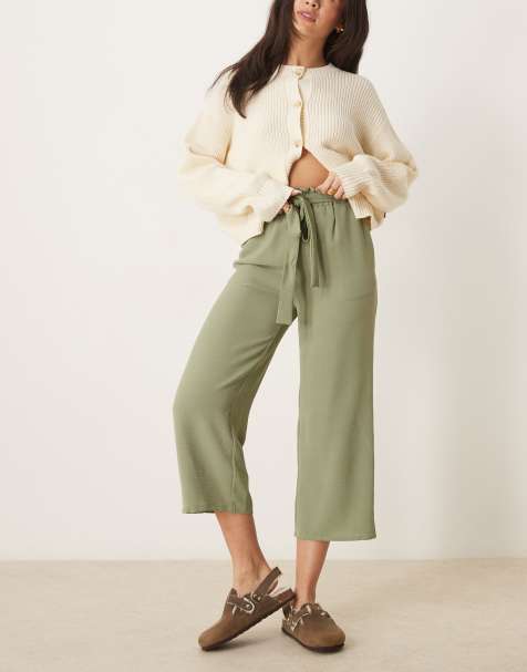 Vila tie waist straight leg cropped trouser in oil green - view 1