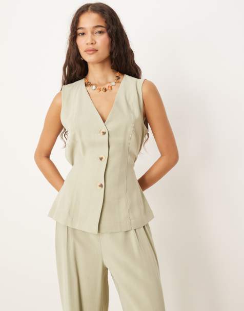 VILA tie waist tailored vest in sage green - part of a set - view 1