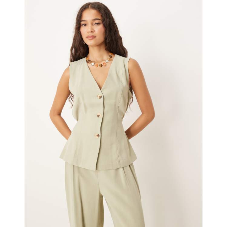 VILA tie waist tailored vest in sage green - part of a set