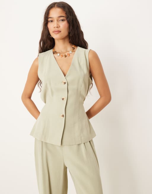 VILA tie waist tailored waistcoat in sage green (Part of a set)