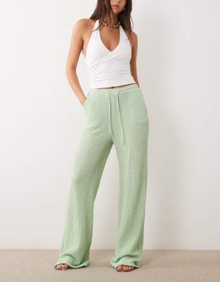 Vila Tie Waist Textured Jersey Pants In Green