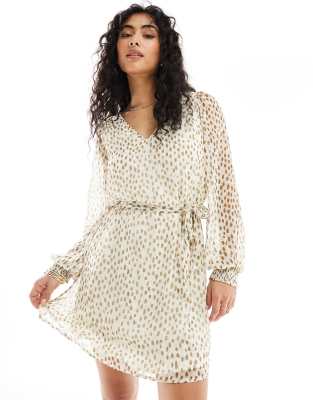 Vila Tie Waist V Neck Mini Dress With Sheer Sleeves In Cream Spot-white