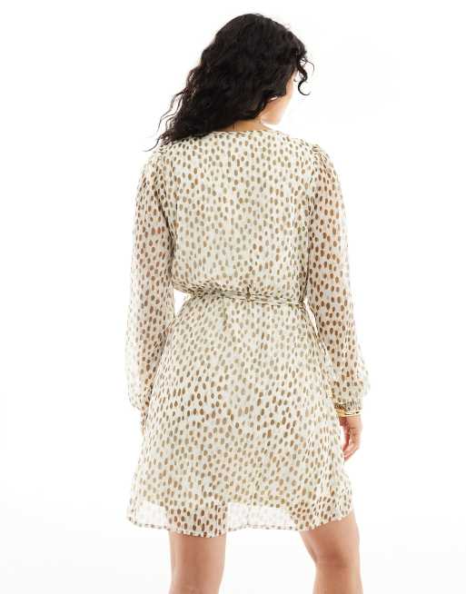 Vila tie waist v neck mini dress with sheer sleeves in cream spot, 4 of 4