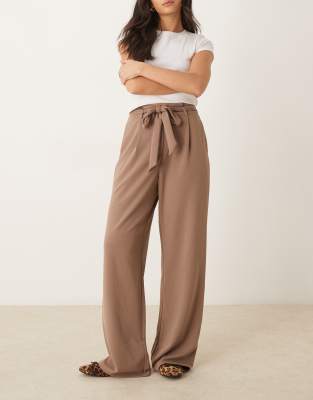Vila Tie Waist Wide Leg Pants In Fossil Brown