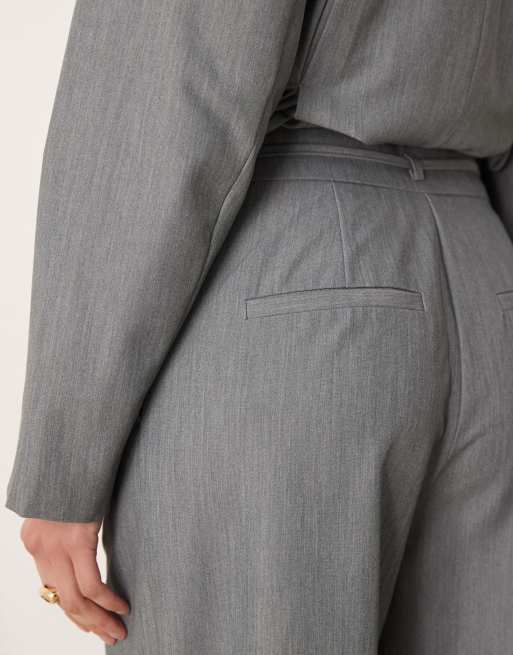 VILA tie waist wide leg tailored pants in medium grey melange (part of a set), 5 of 5