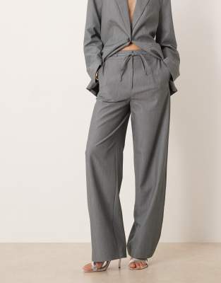 Vila Vila tie waist wide leg tailored trouser co-ord in medium grey melange