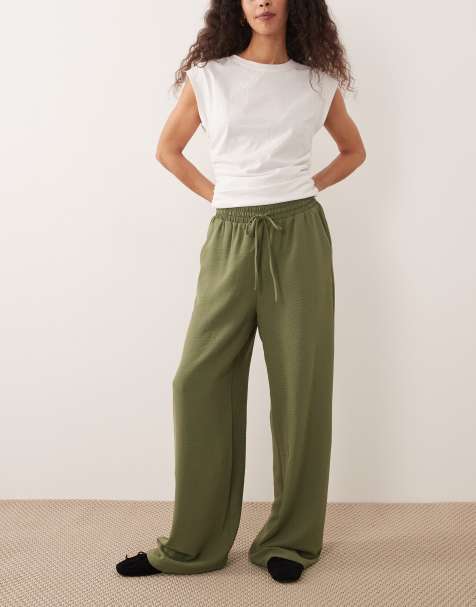 Vila tie waist wide leg trousers in olive green - view 1