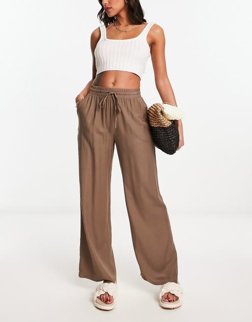 Vila tie waist wide leg trousers in stone