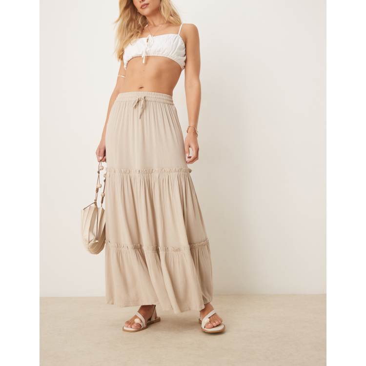VILA tiered boho maxi skirt in beige | ASOS