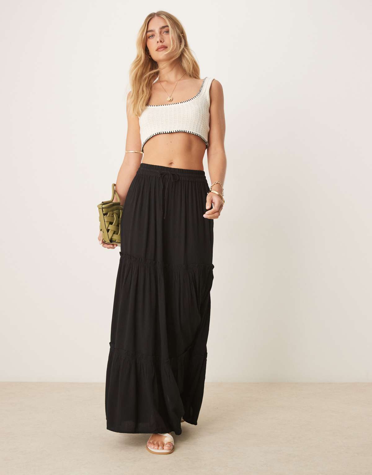 Vila tiered boho maxi skirt in black