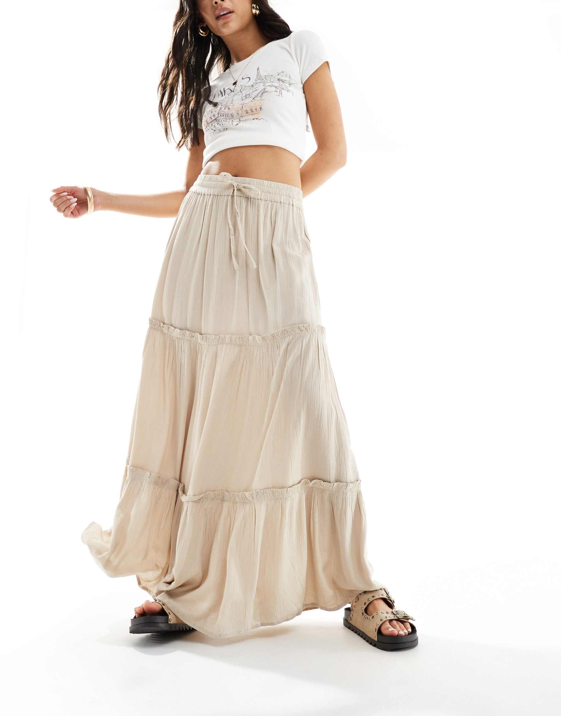 vila tiered boho maxi skirt in stone