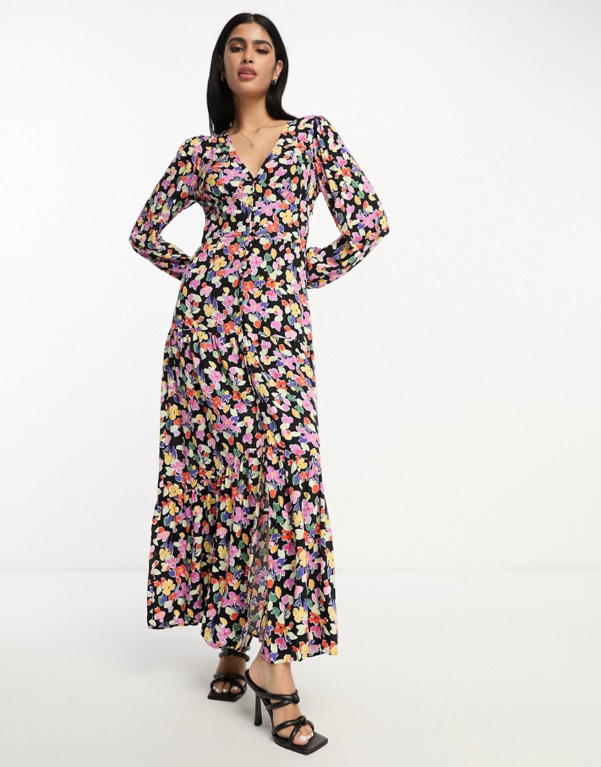 Vila tiered button front maxi dress in floral print-Multi