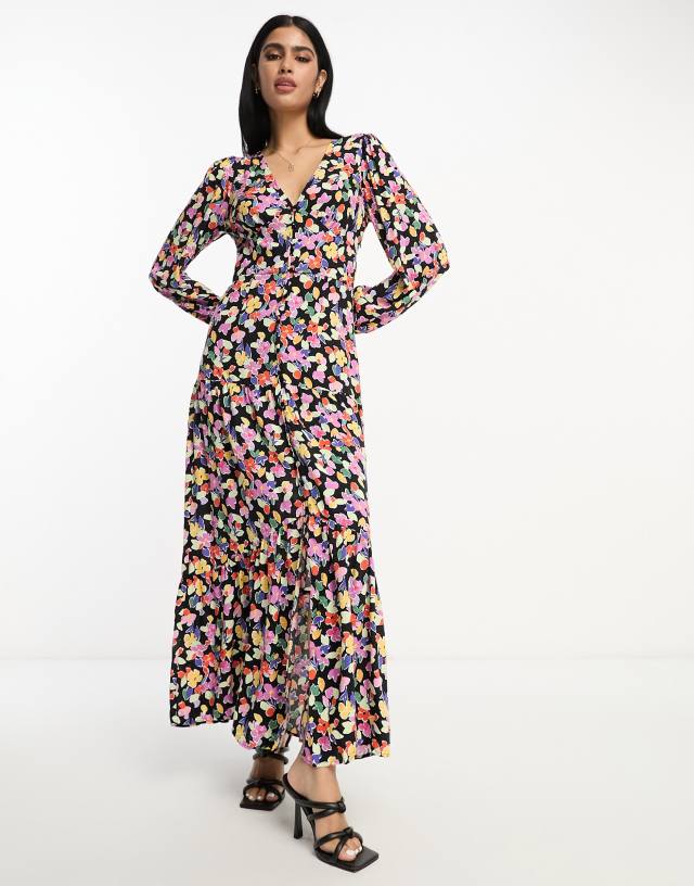 Vila tiered button front maxi dress in floral print