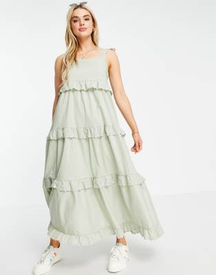 Vila Tiered Cotton Maxi Dress In Sage Green ModeSens