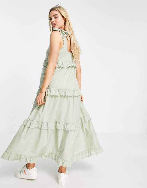 Vila tiered cotton maxi dress in sage green, 2 of 4
