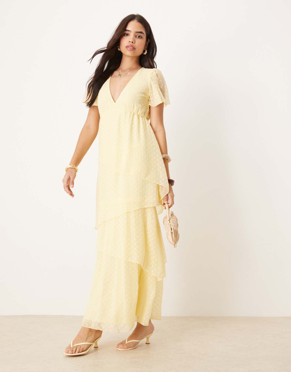 Vila tiered dobby ankle dress in pale yellow