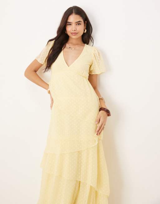 Vila tiered dobby ankle dress in pale yellow, 3 of 4