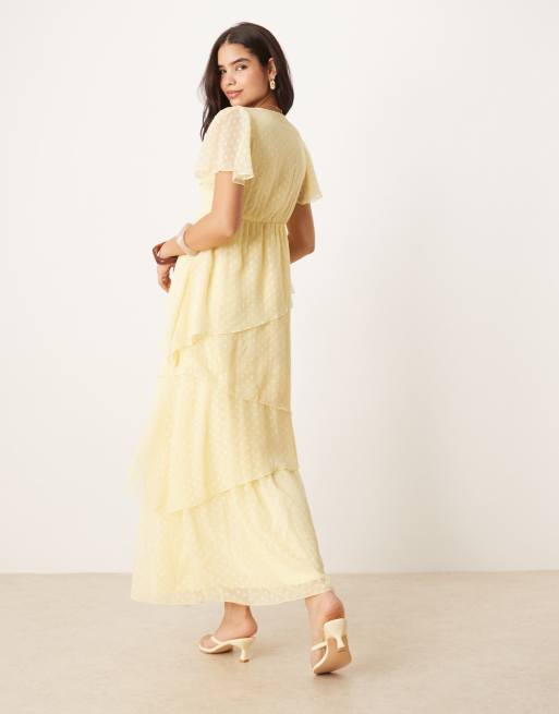 Vila tiered dobby ankle dress in pale yellow, 4 of 4