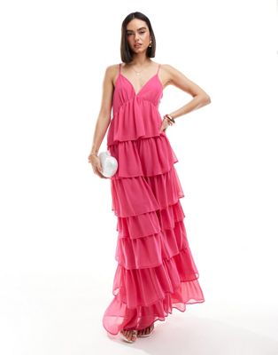 Vila Tiered Frill Maxi Cami Dress In Bright Pink