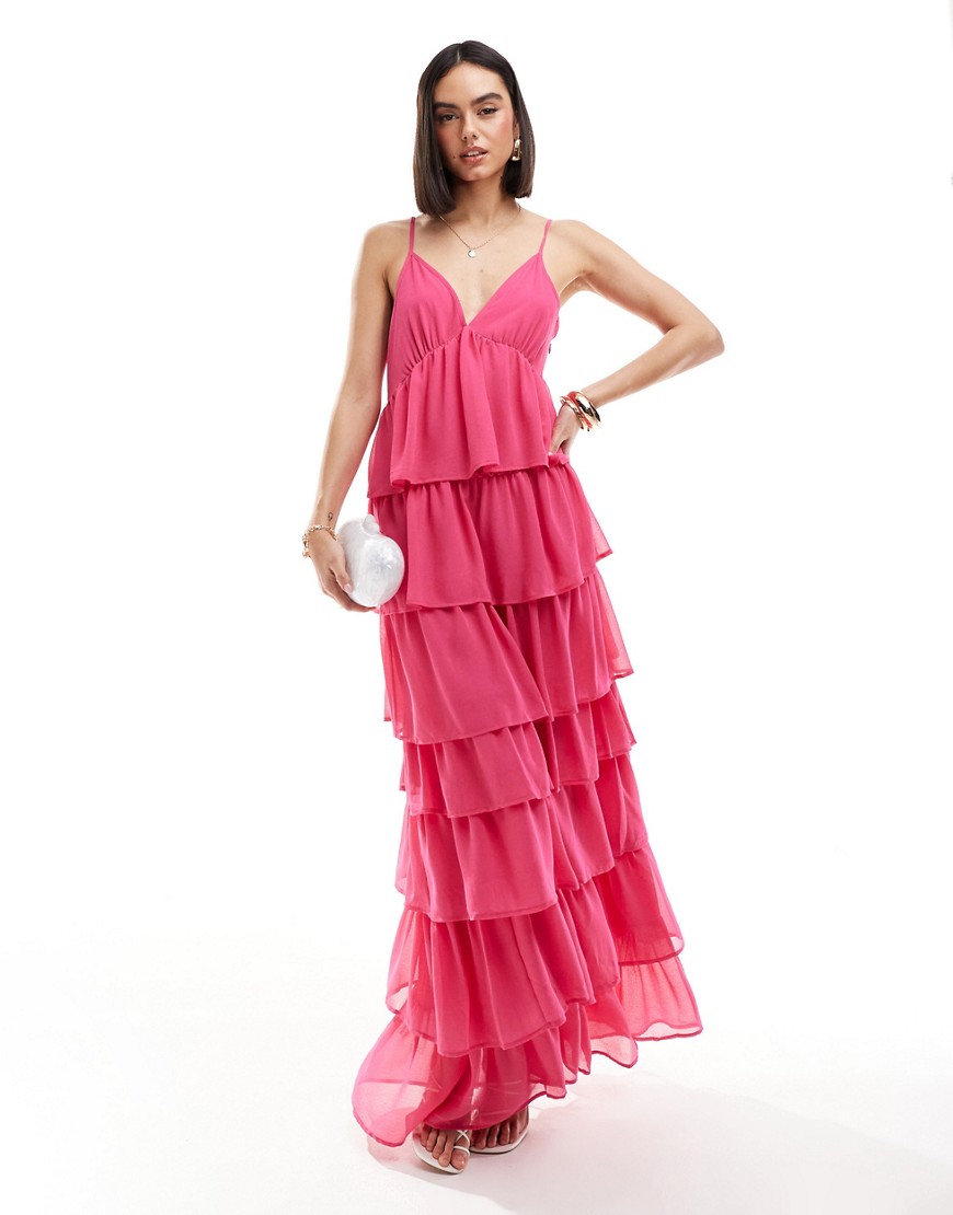 Vila Tiered Frill Maxi Cami Dress In Bright Pink