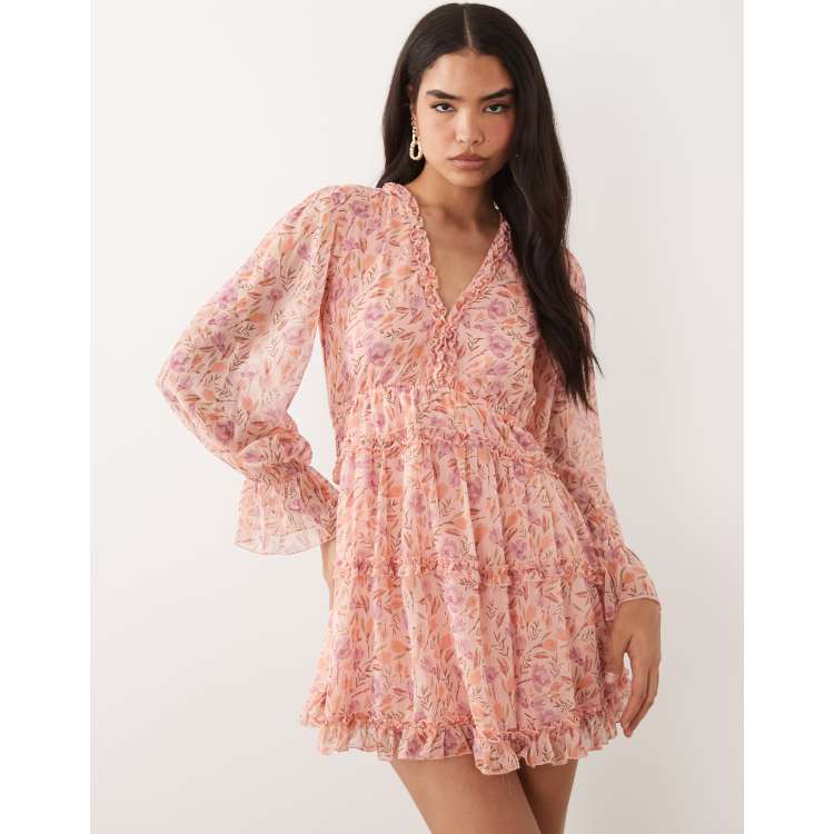 Vila tiered frill trim mini dress in pale pink rose print | ASOS