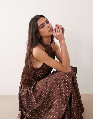 Vila Tiered Halter Neck Maxi Dress In Brown