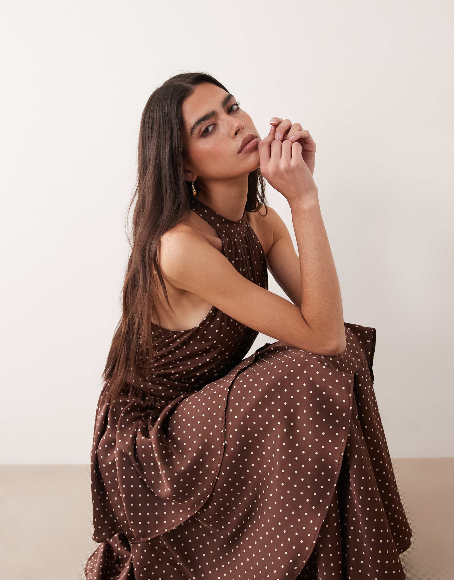 vila tiered halter neck maxi dress in chocolate brown polka dot