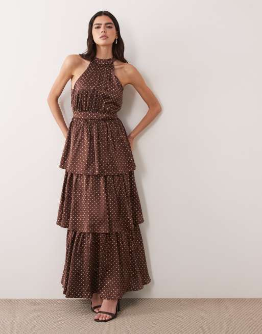 Vila tiered halter neck maxi dress in chocolate brown polka dot, 2 of 4